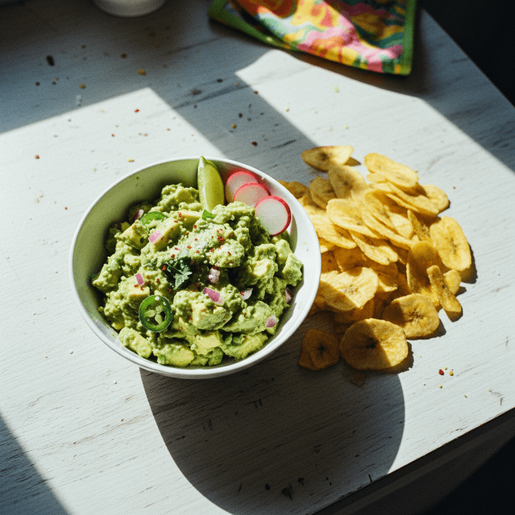 Spicy Guacamole with Plantain Chips