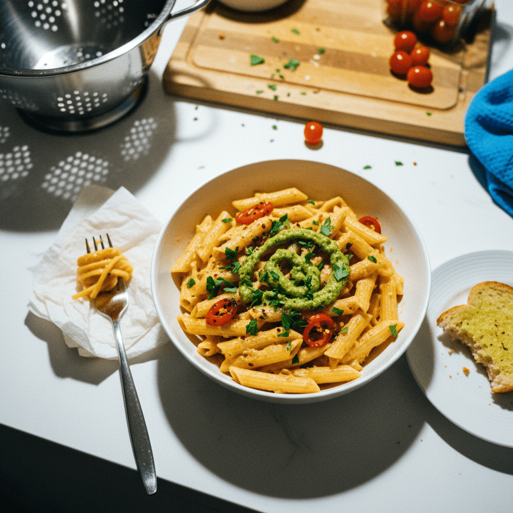 Lighter Spicy Creamy Roasted Red Pepper Pasta