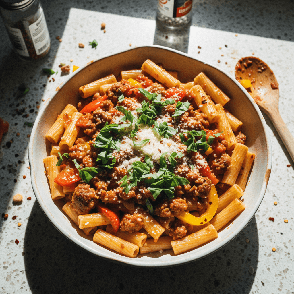 Spicy Sausage and Bell Pepper Rigatoni