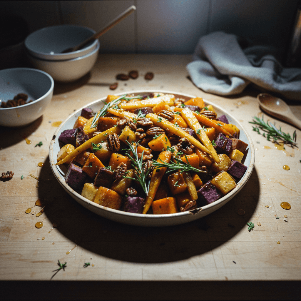 Maple Pecan Roasted Root Vegetables with Creamy Garlic Mashed Potatoes