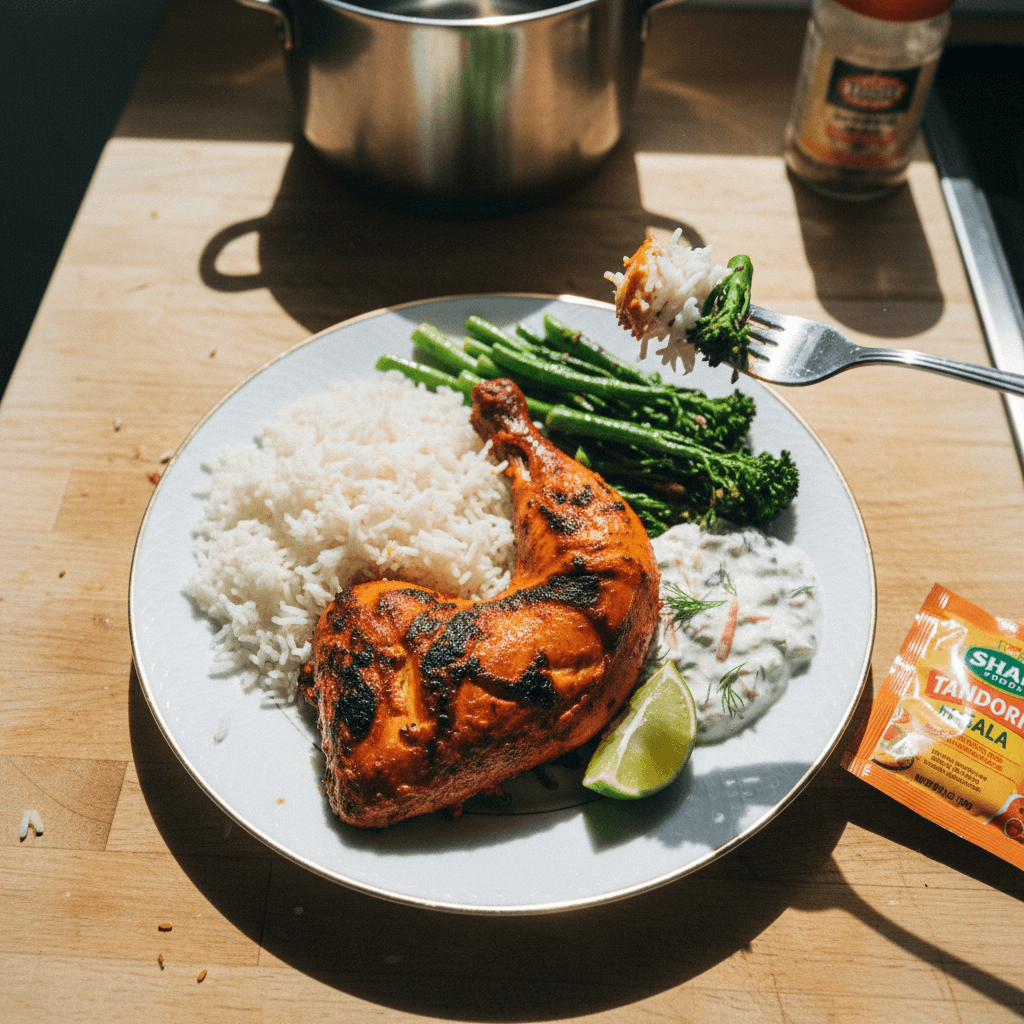 Vibrant Tandoori Chicken with Raita, Rice, and Broccolini