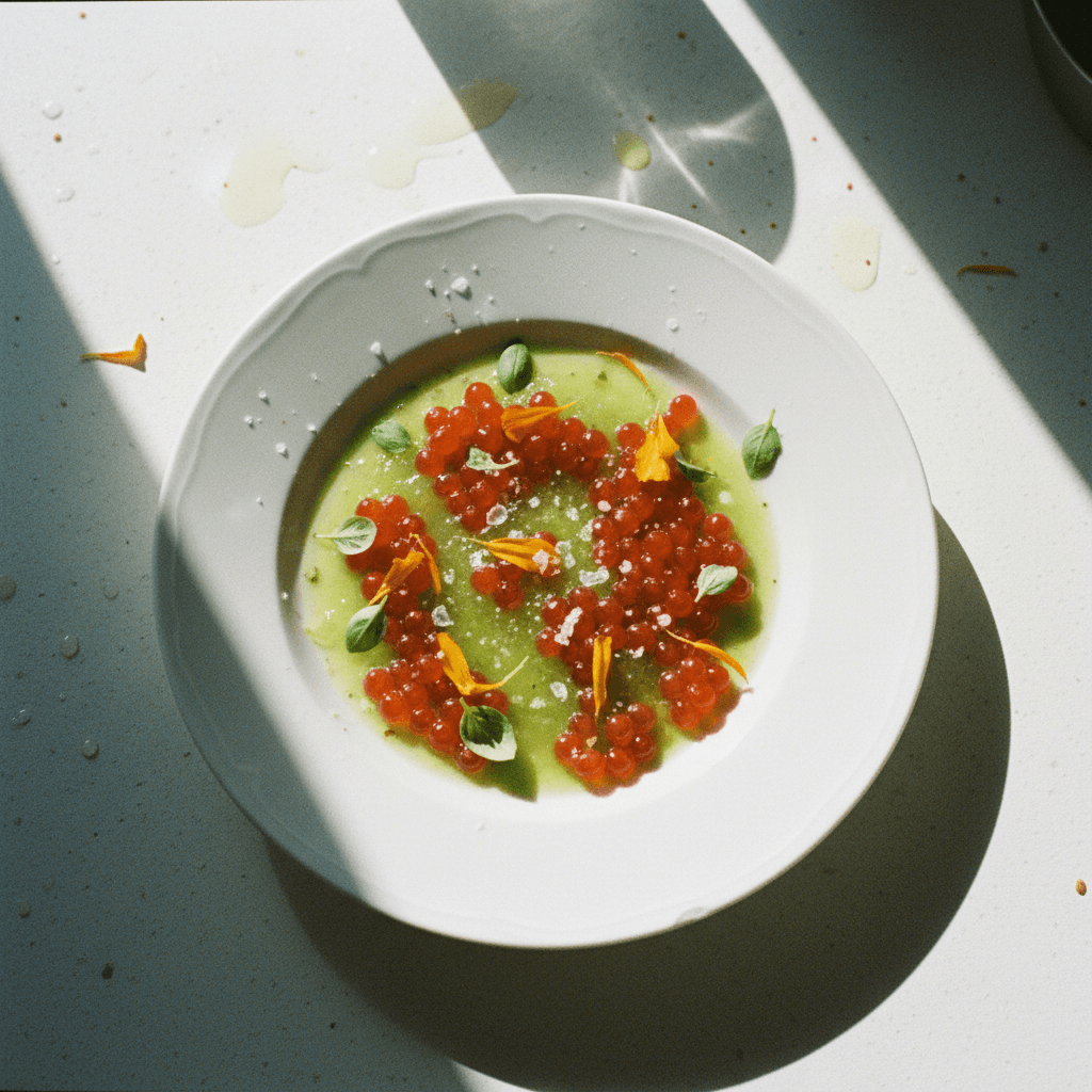 Basil Gel with Tomato Pearls