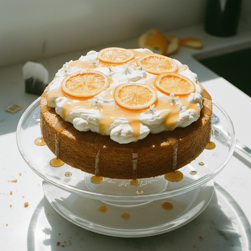 Orange Olive Oil Cake with Earl Grey and Citrus Glaze and Honey Whipped Cream