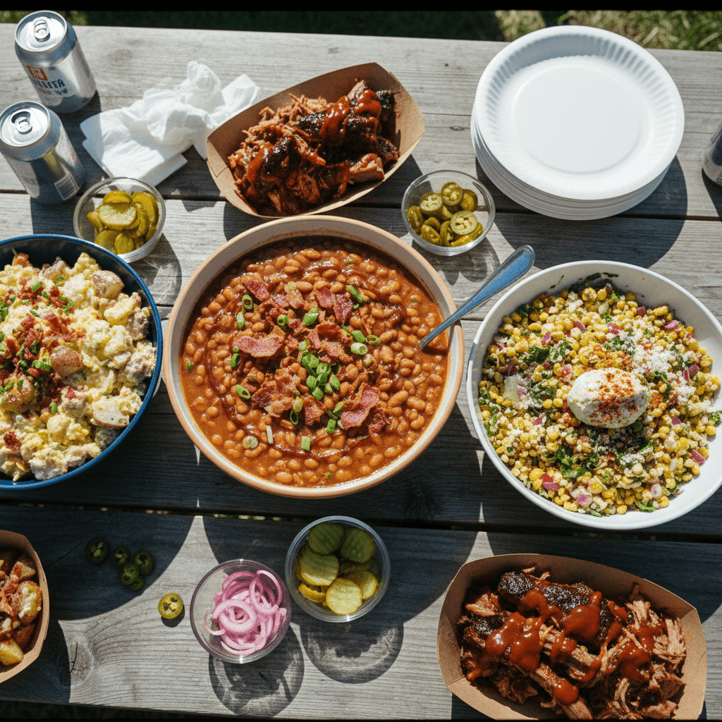 BBQ Side Dishes Feast (Cowboy Baked Beans, Mexican Street Corn Salad, Loaded Baked Potato Salad)