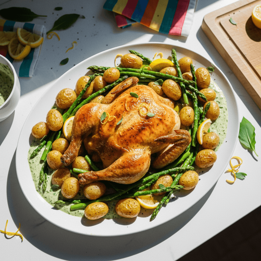 Wild Garlic Roast Chicken with New Potatoes and Asparagus