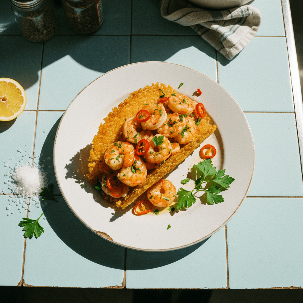 Taco de Socarrat Relleno de Gambas al Ajillo