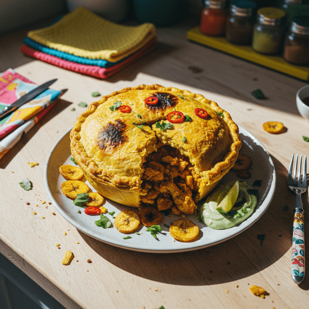 Jamaican Curry Chicken Pot Pie with Plantain Crust