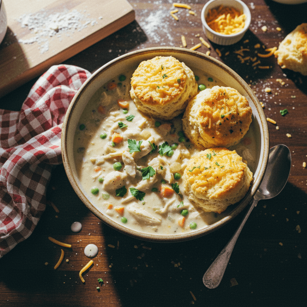 Creamy Chicken Pot Pie Soup with Cheddar Bay Biscuits