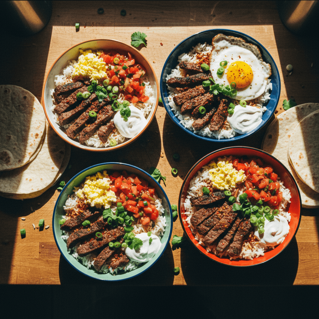 Spicy Steak Rice Bowls with Fried Egg and Salsa