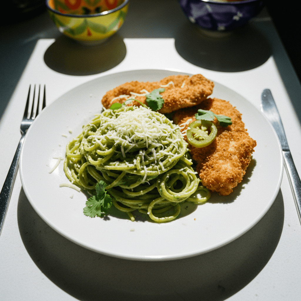 Spaghetti Verde con Pollo Empanizado