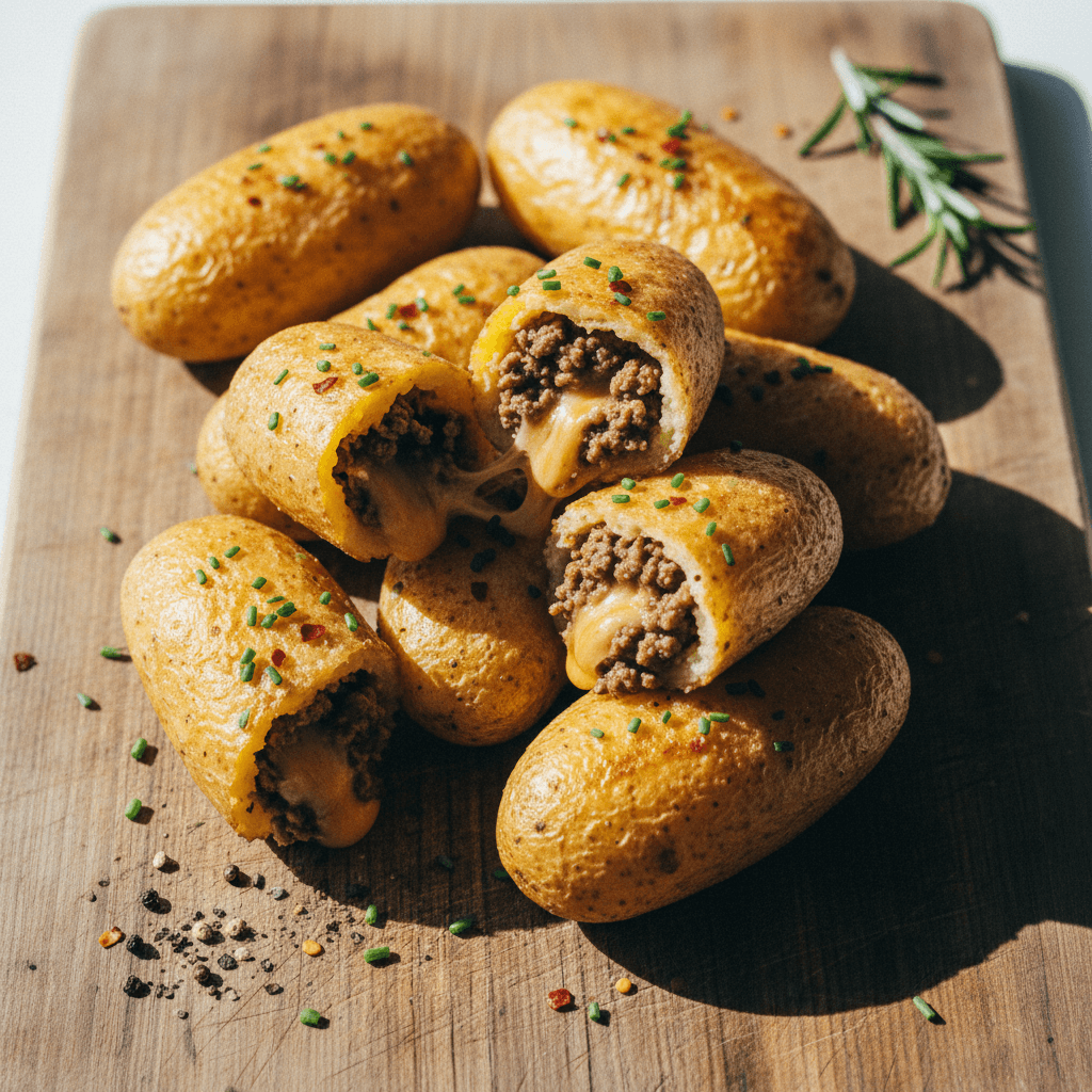 High Protein Cheesy Beef Stuffed Potato Pockets