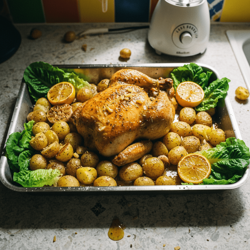 Pan-Roasted Chicken and Potatoes with Warm Lemon-Garlic-Dijon Dressing and Lettuce