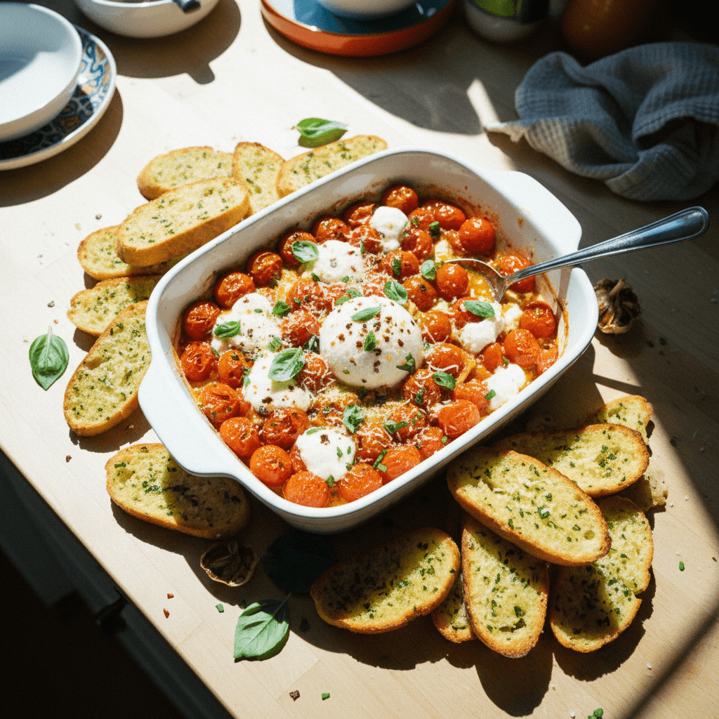 Roasted Tomato Burrata Dip (with Garlic Bread Dippers!)