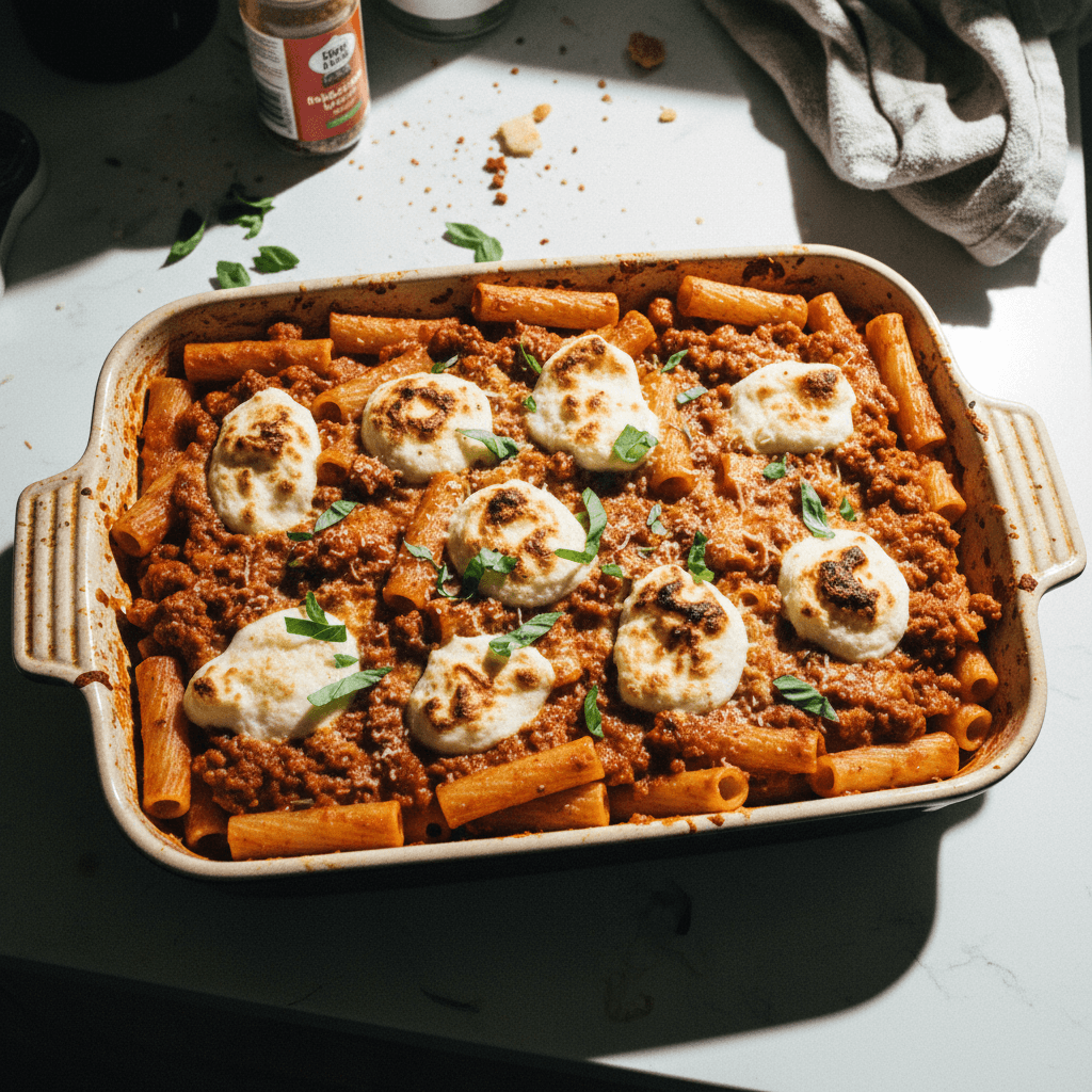 Spicy Bolognese Rigatoni Bake with Ricotta