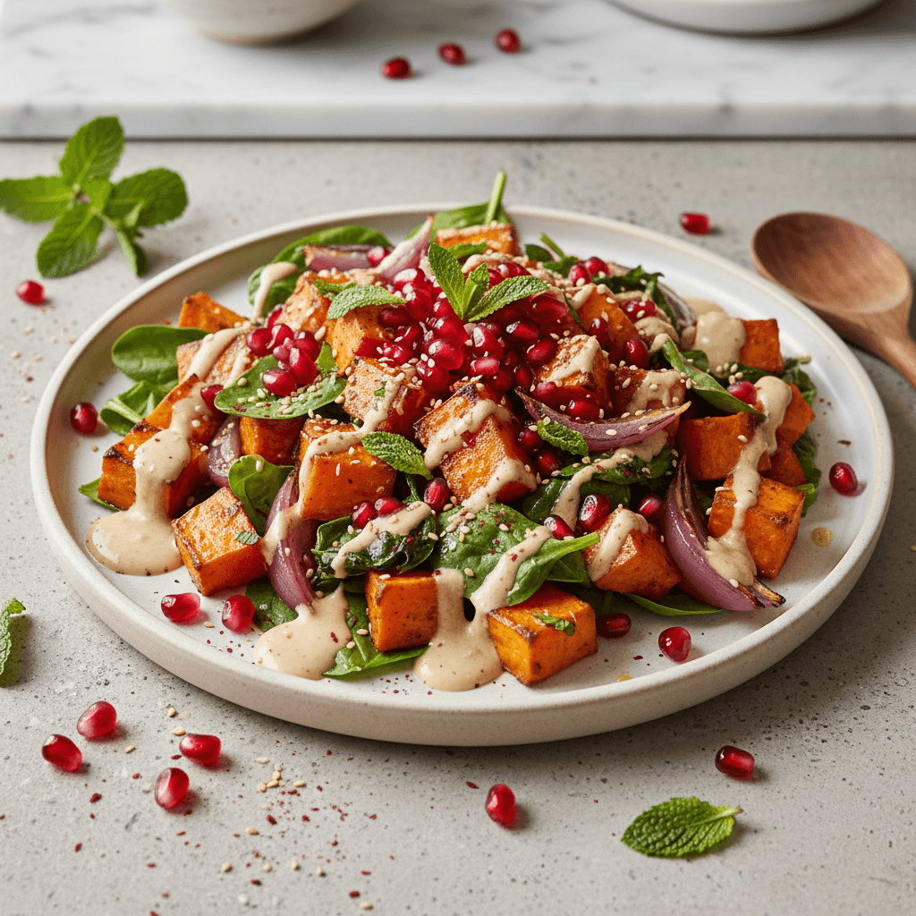 Roasted Sweet Potato & Kale Salad with Tahini-Maple Dressing