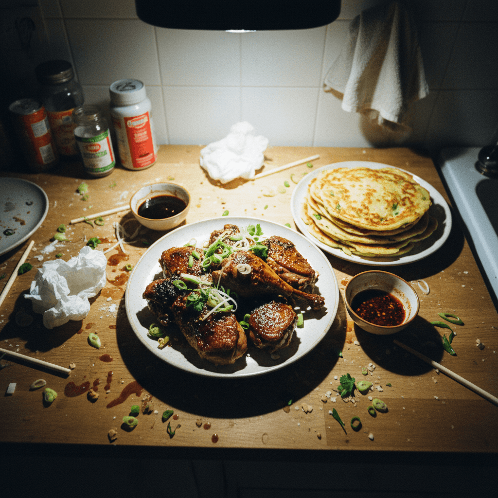 Five-Spice Duck Confit with Crispy Scallion Pancakes and Umami Glaze