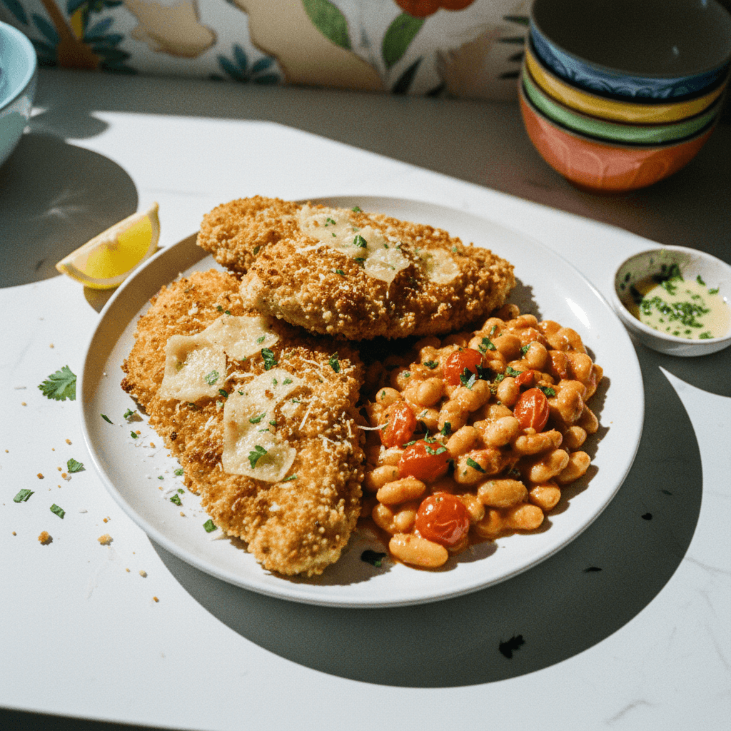 Crispy Parmesan Panko Chicken with Creamy Tomato Mascarpone Cannellini Beans