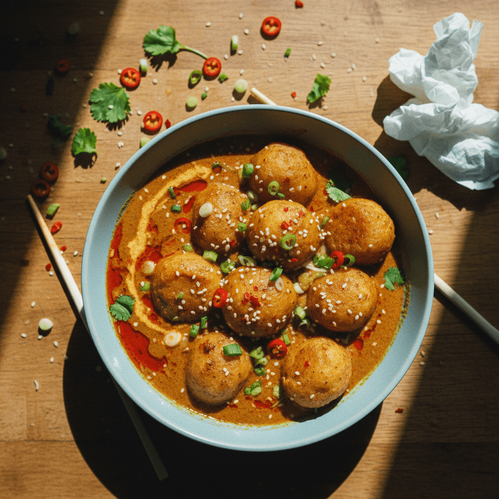 Chewy Potato Balls with Curry Satay Sauce