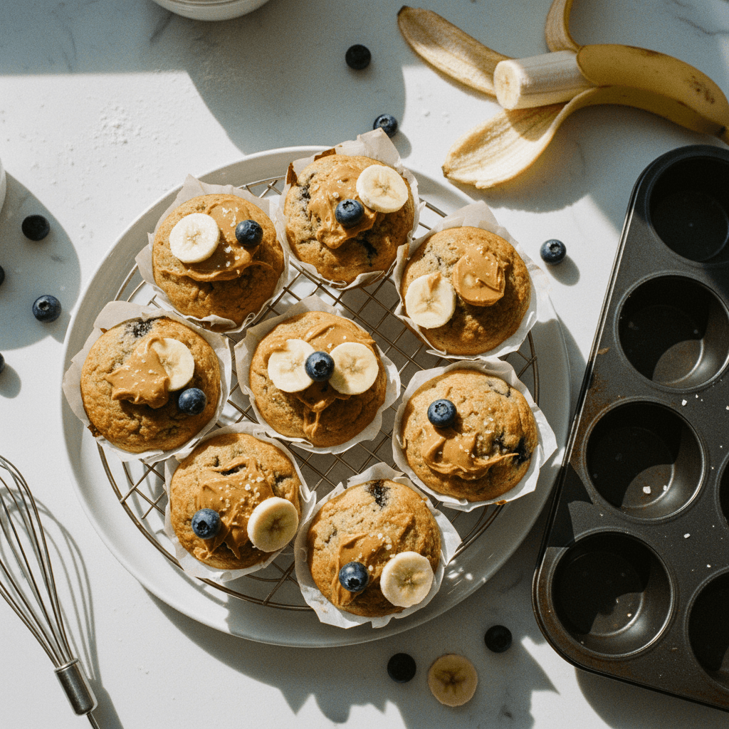 Banana Peanut Butter Blueberry Muffins