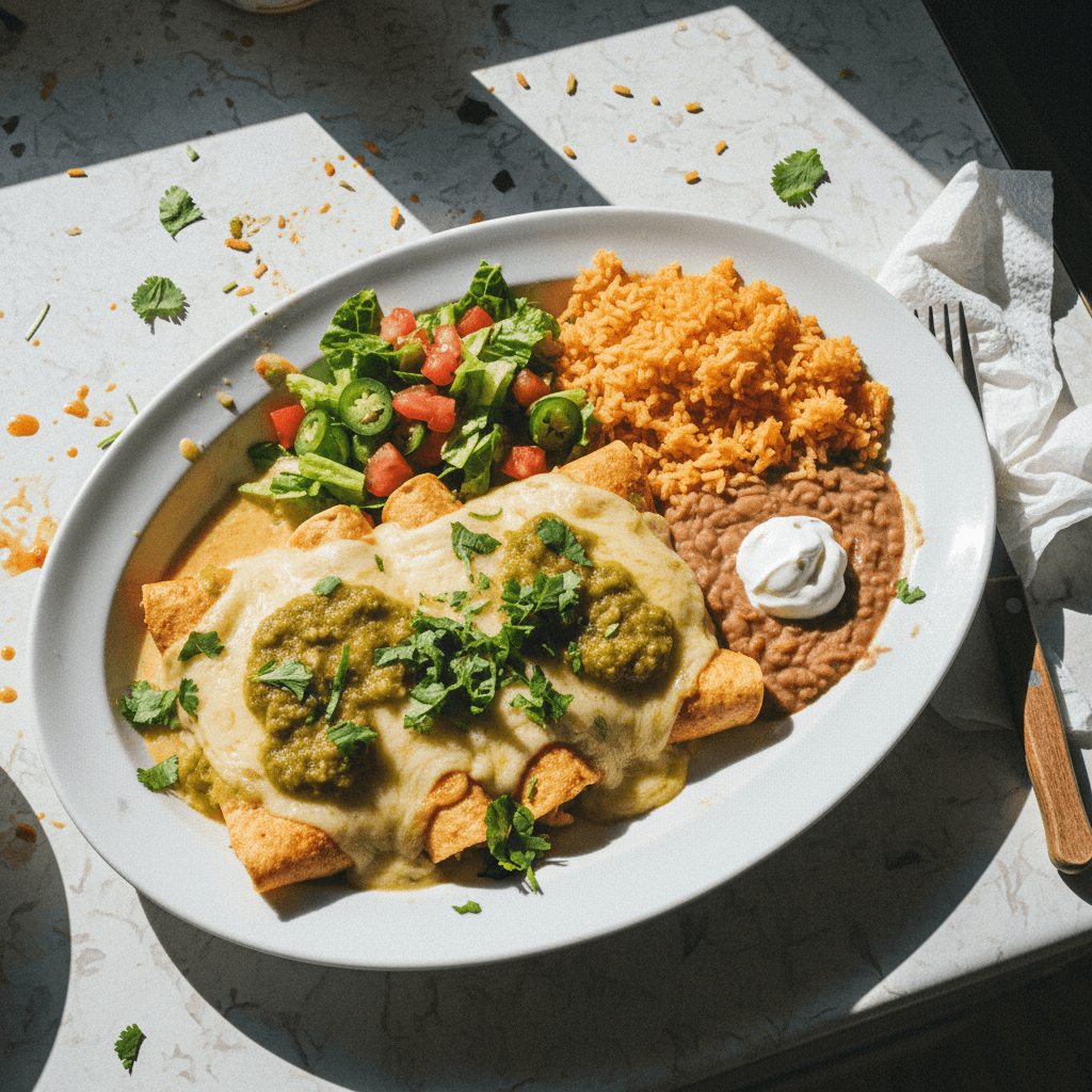 Creamy Chicken Enchiladas with Mexican Rice