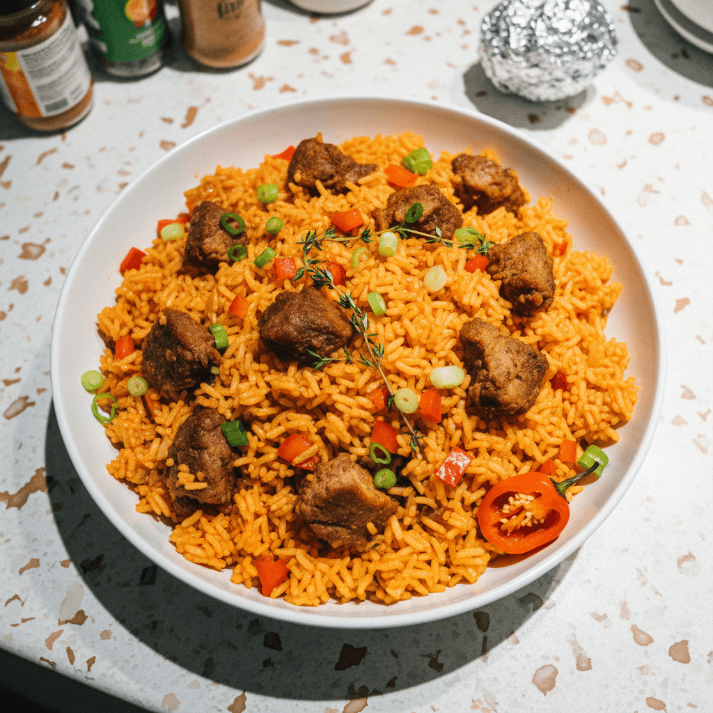 Jollof Rice with Fried Goat Meat