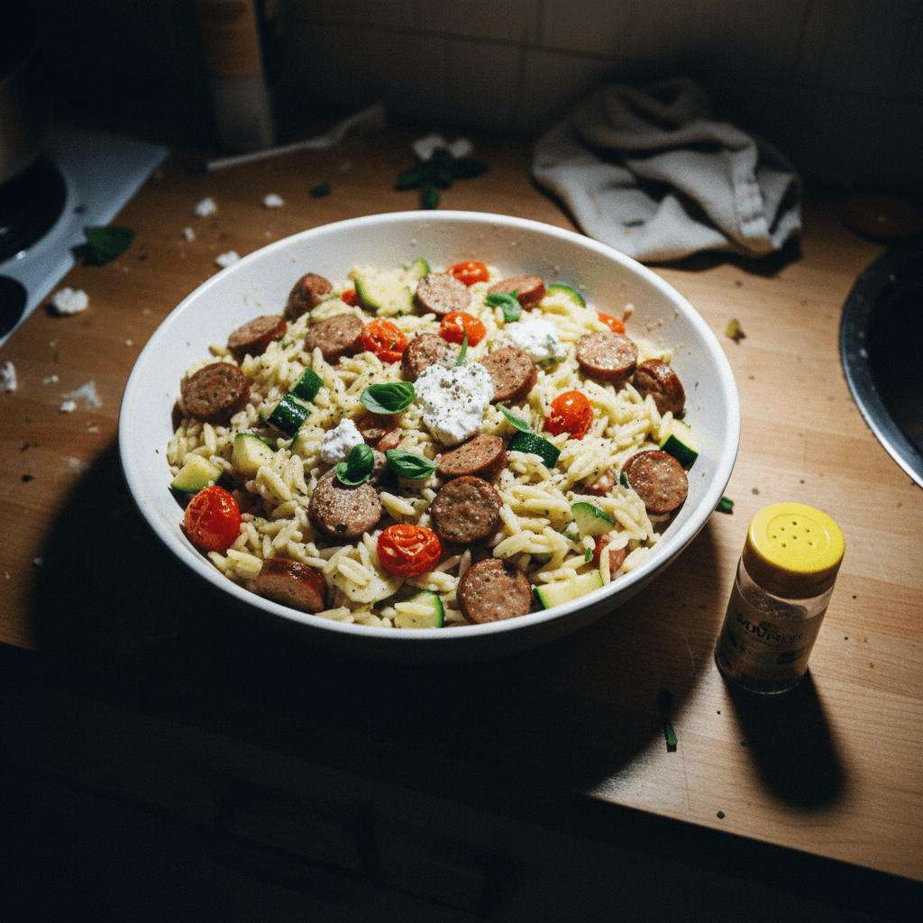 One-Pot Creamy Sausage and Orzo with Zucchini and Tomatoes