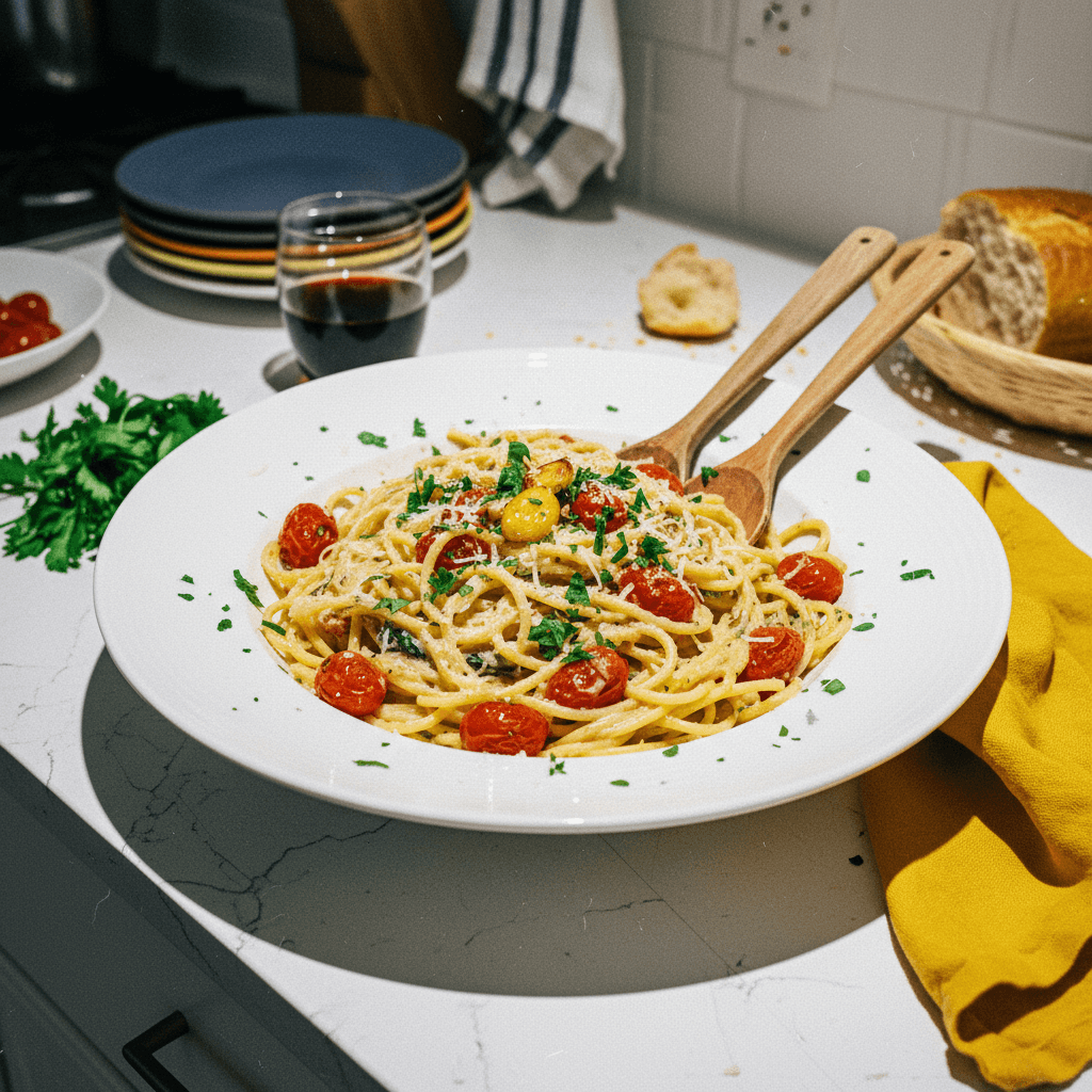 Creamy Roasted Garlic and Tomato Spaghetti