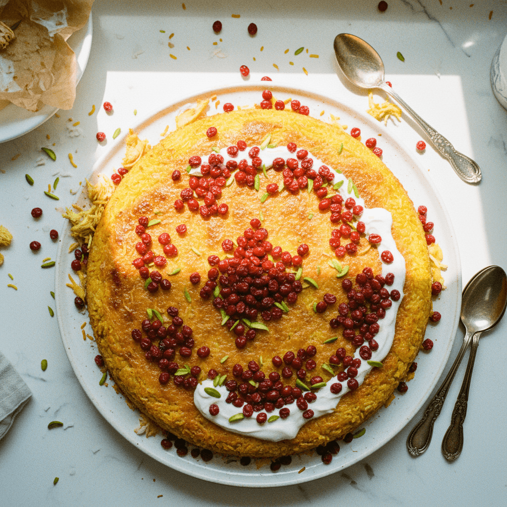 Tahchin Morgh (Persian Saffron Rice Cake with Chicken and Barberries)