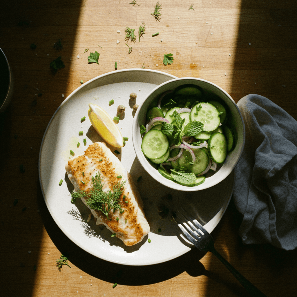 Pan-Seared White Fish with Cucumber Salad