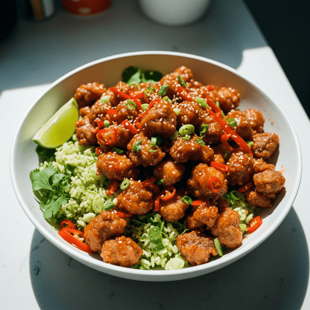 Sweet Chili Crispy Beef over Coriander Lime Rice