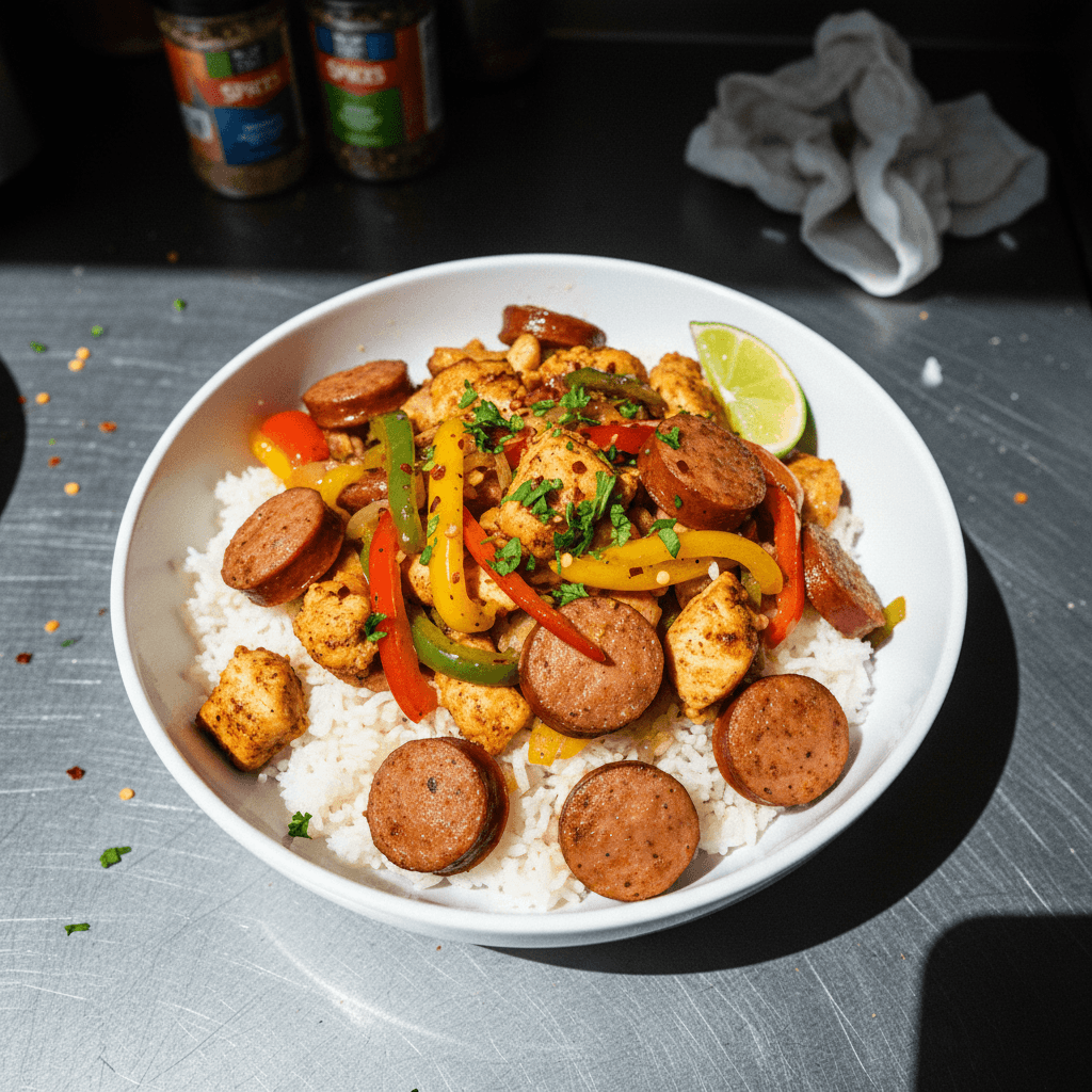 Chicken & Sausage with Peppers Over Rice
