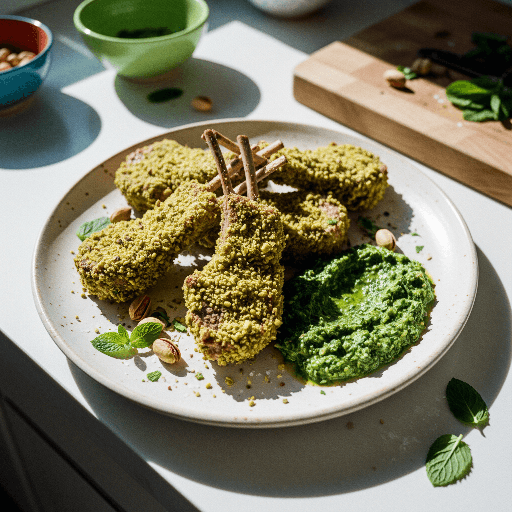 Pistachio-Crusted Lamb Chops with Mint Chimichurri