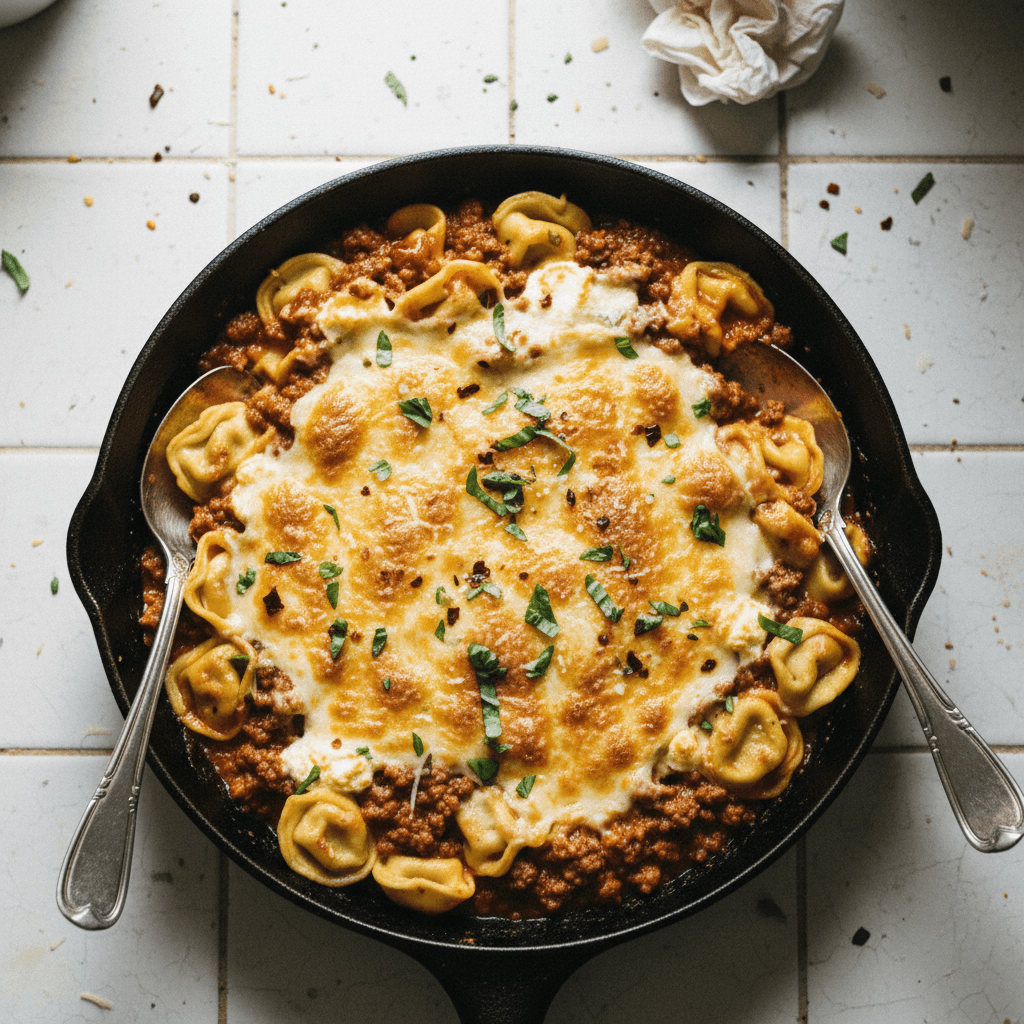 Cheesy Skillet Tortellini with Meat Sauce