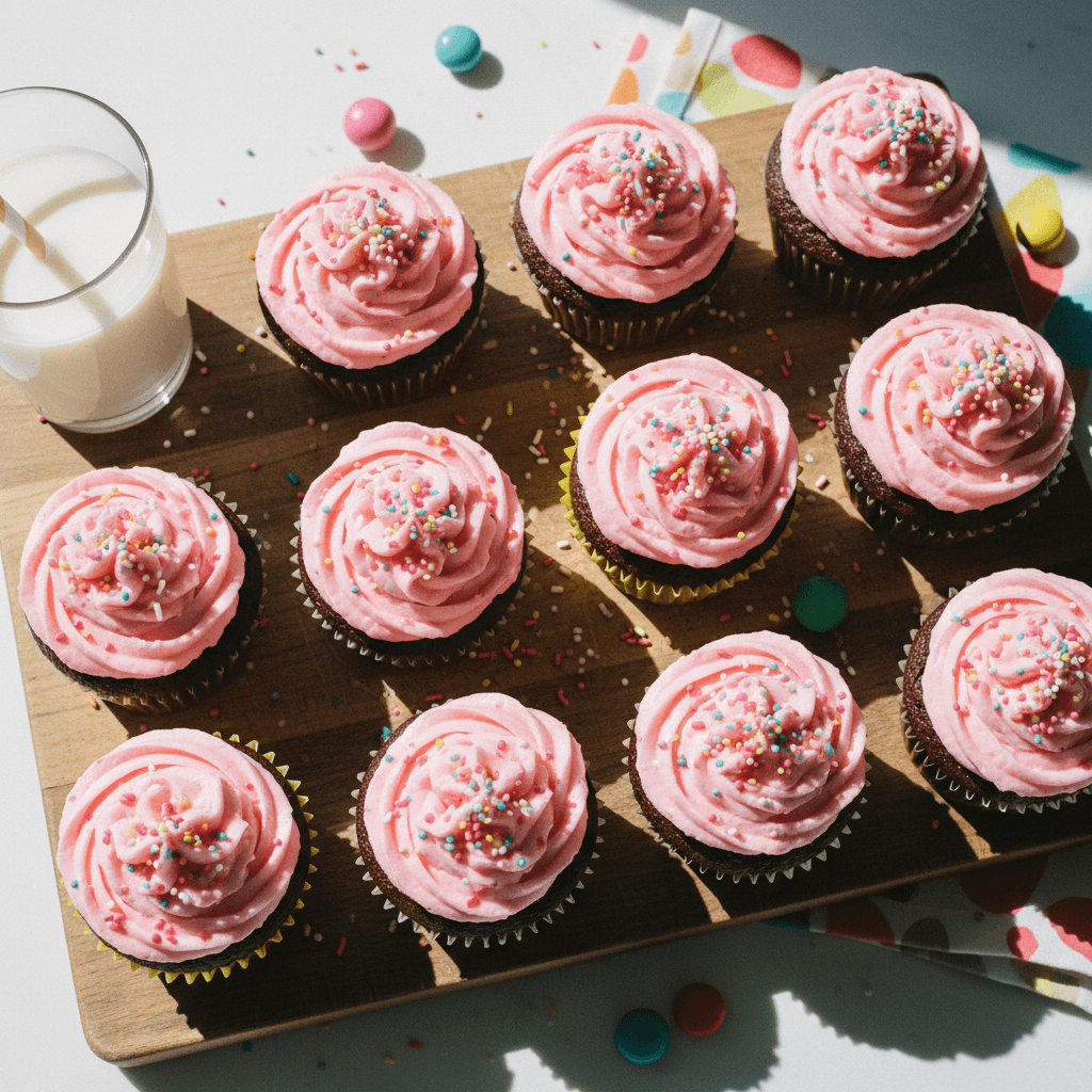 Chocolate Cupcakes with Pink Vanilla Buttercream and Rainbow Sprinkles