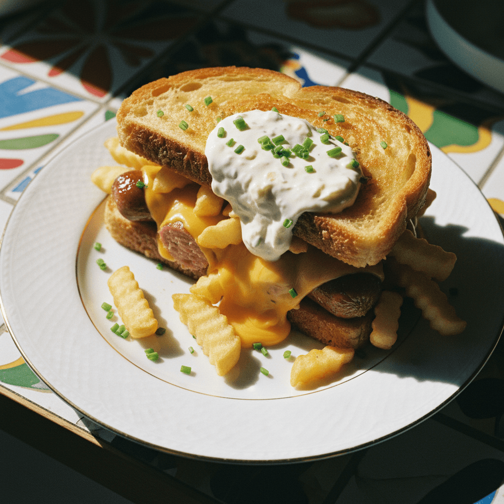 Sausage and French Fry Sandwich with Homemade Garlic Mayo and Melted Cheese