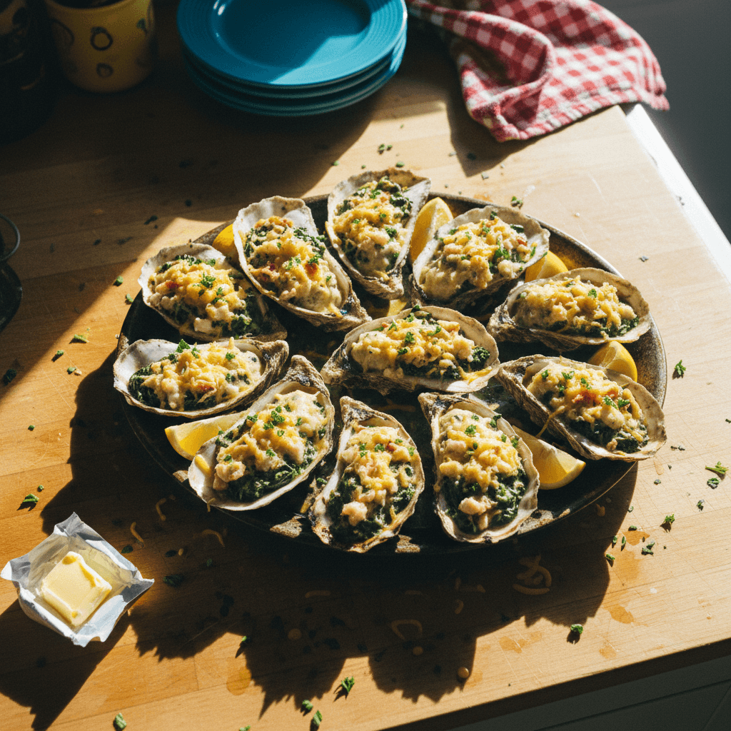 Char Grilled Oysters with Crab, Crawfish, and Spinach