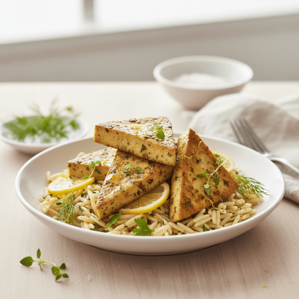 Lemon Herb Baked Tofu with Orzo