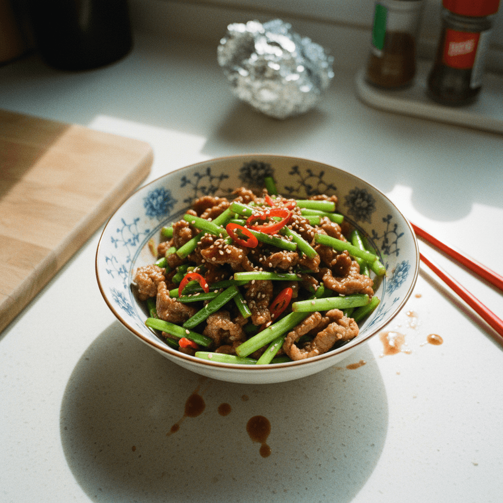 蒜苔炒肉 (Suàntái Chǎoròu)