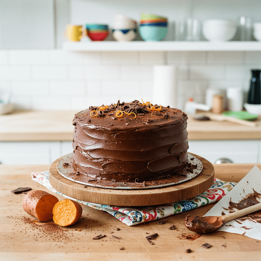 Dark Chocolate Sweet Potato Cake with Chocolate Frosting (No Sugar Crash Edition)