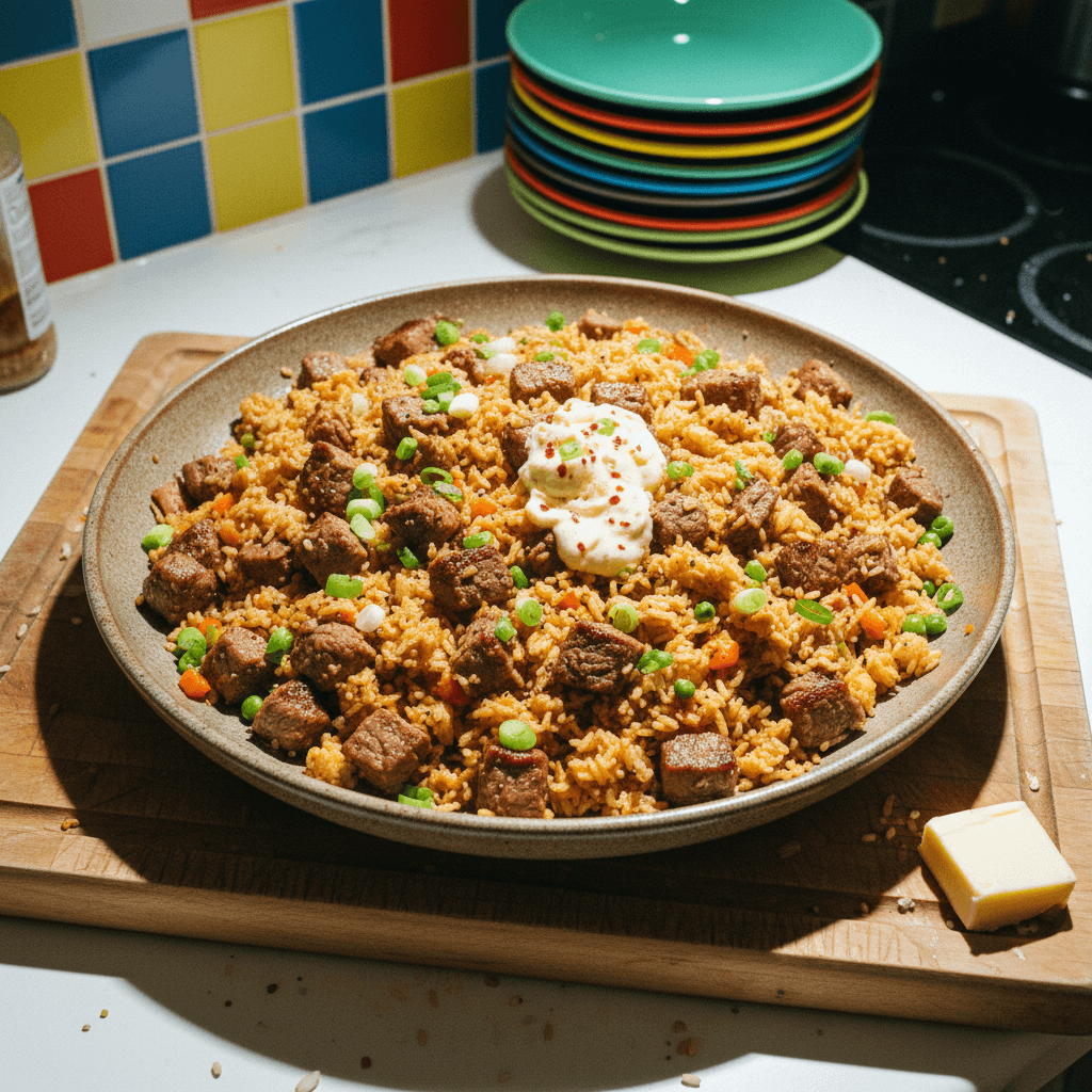 Steak Fried Rice with Garlic Butter Sauce