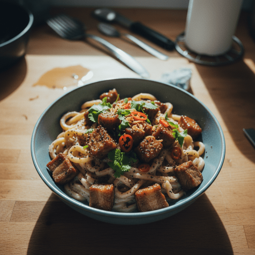 Vietnamese Caramelized Black Pepper Pork Belly Udon with Creamy Tofu Sauce