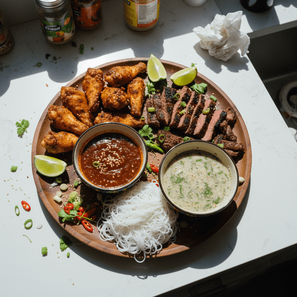 Crack Sauce and Thumkapoon with Marinated Chicken Wings and Steak