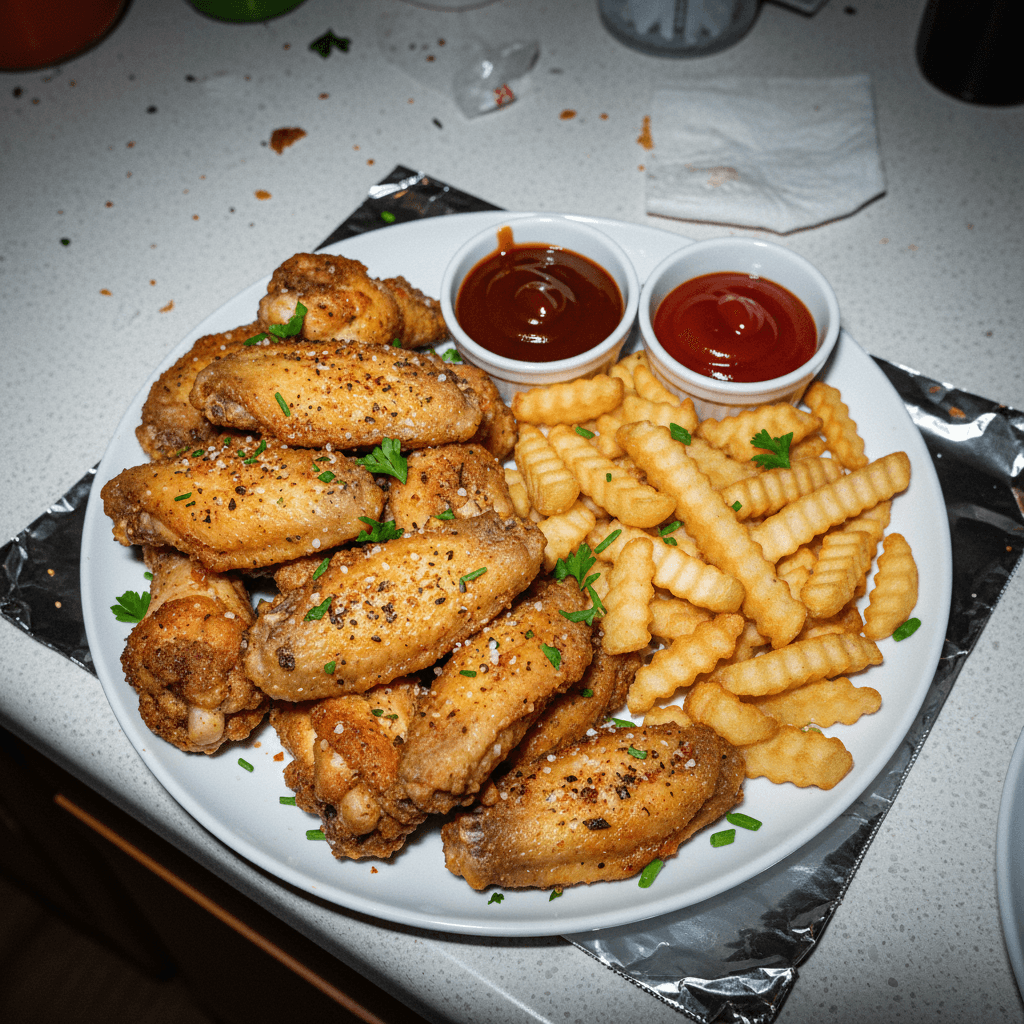 Crispy Fried Chicken Wings with Seasoned Fries