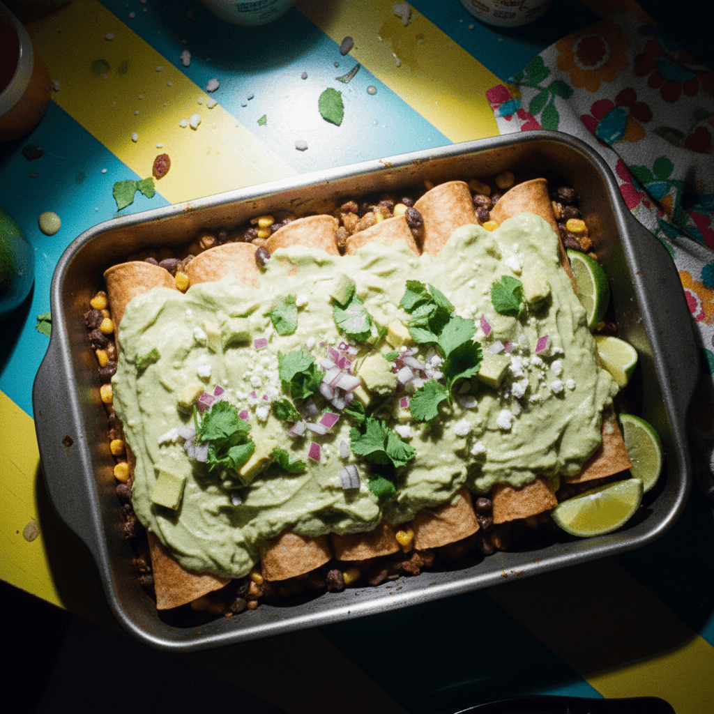 Black Bean and Corn Enchiladas with Avocado Crema