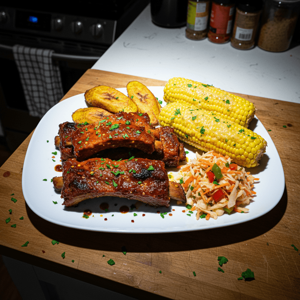 Haitian BBQ Ribs, Garlic Butter Corn & Fried Plantains w/ Pikliz