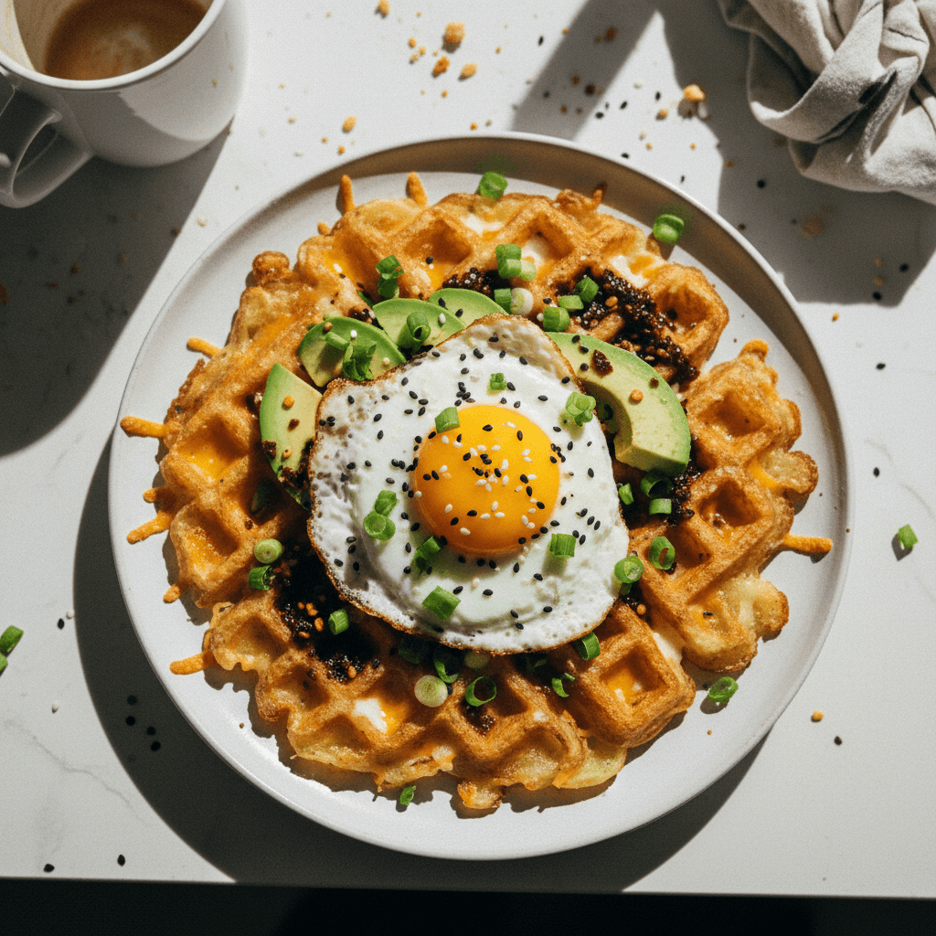 Loaded Cheesy Potato Waffle with Avocado and Fried Egg