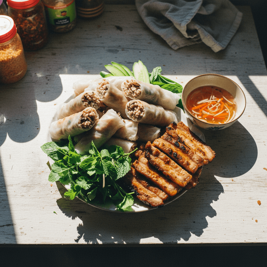 Bánh Cuốn Thịt Nướng (Rolled Rice Cakes with Grilled Meat)