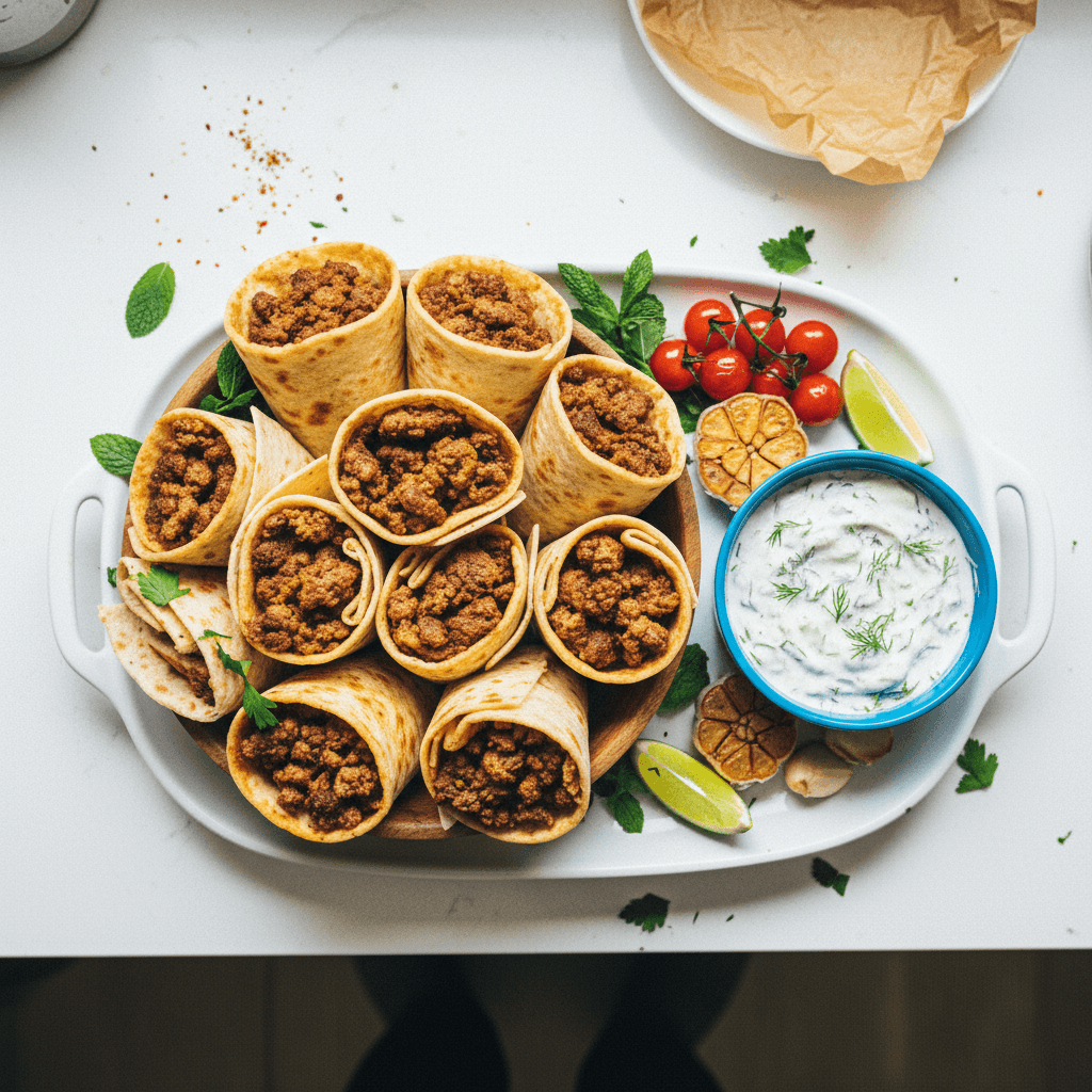 Spiced Ground Meat Wraps with Tzatziki-Style Sauce