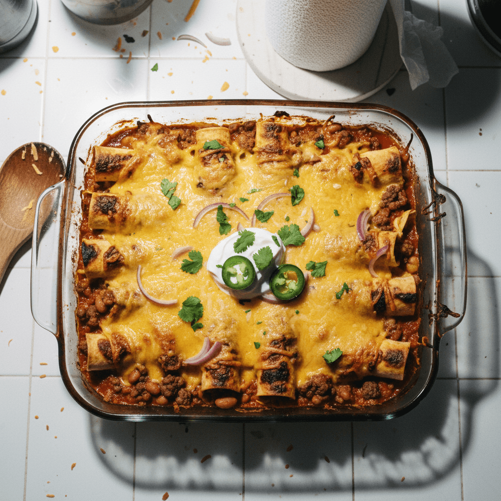 Beefy, Cheesy Enchilada Casserole