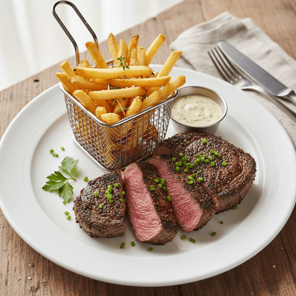 Peppercorn Crusted Steak Frites with Pan Sauce
